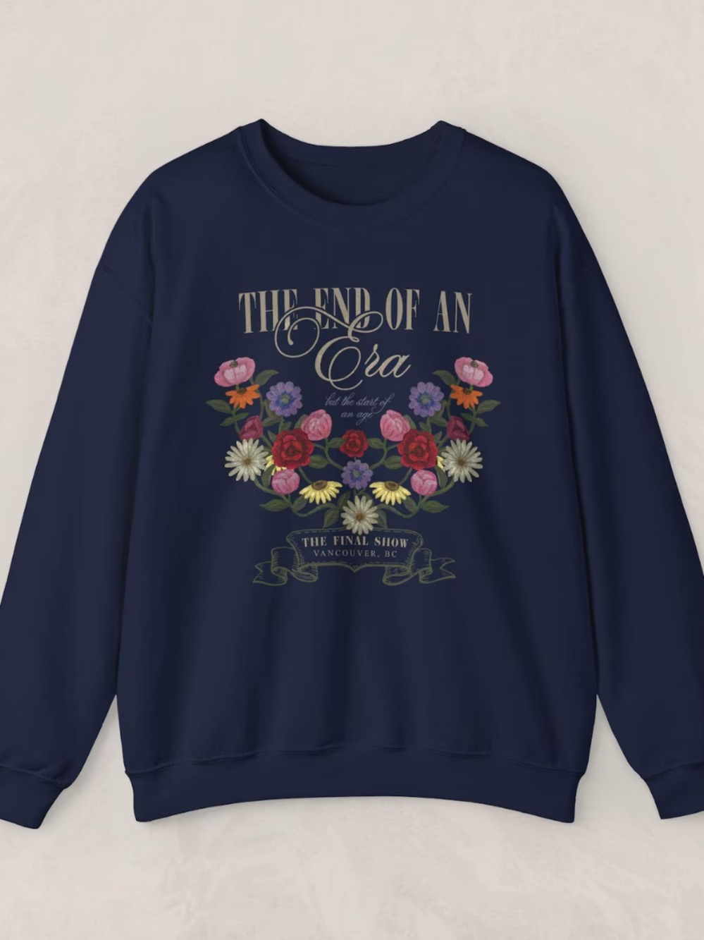 Navy Crewneck Sweatshirt with Floral Graphic and Script
